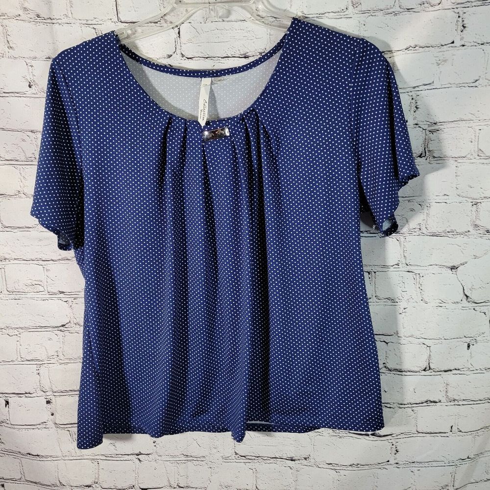 NY Collection Woman Blouse Womens 1X Blue Polka Dot Excellent Pleated Scoop Neck